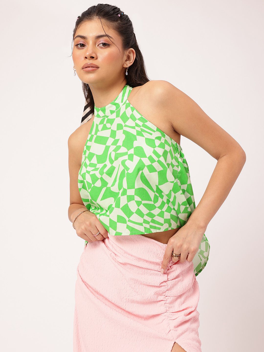 DressBerry Festival Vibes Printed Halter Neck High-Low Top