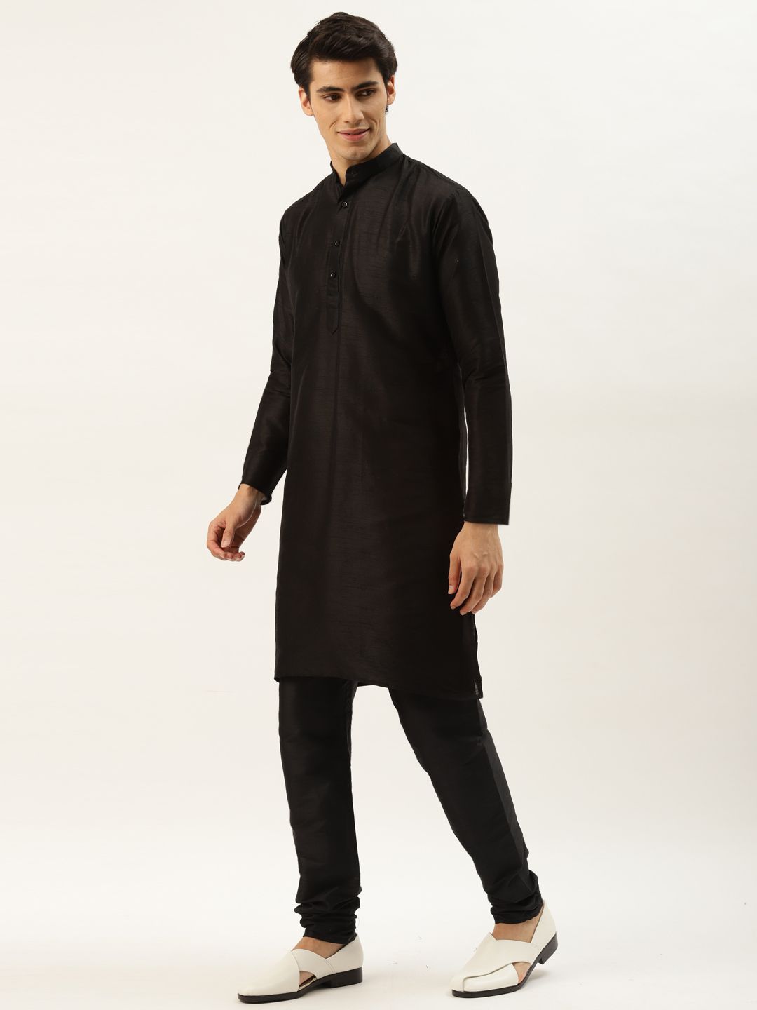SOJANYA Men Black & Yellow  Jacquard Woven Design Kurta with Churidar & Nehru Jacket