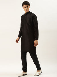 SOJANYA Men Black & Yellow  Jacquard Woven Design Kurta with Churidar & Nehru Jacket