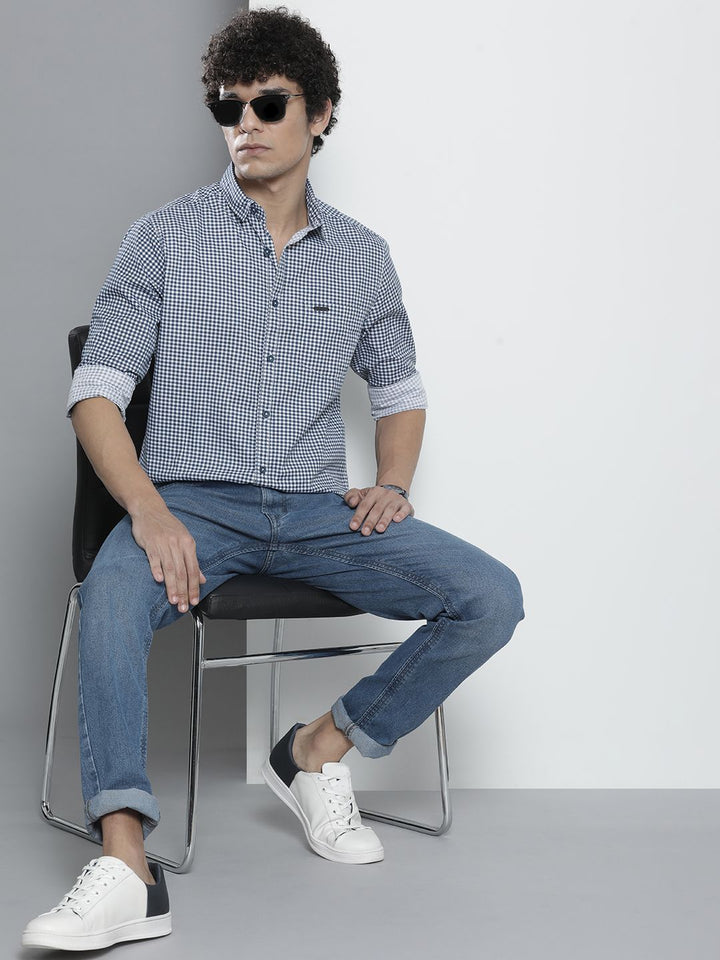 The Indian Garage Co Men Navy Blue Micro Checked Casual Shirt