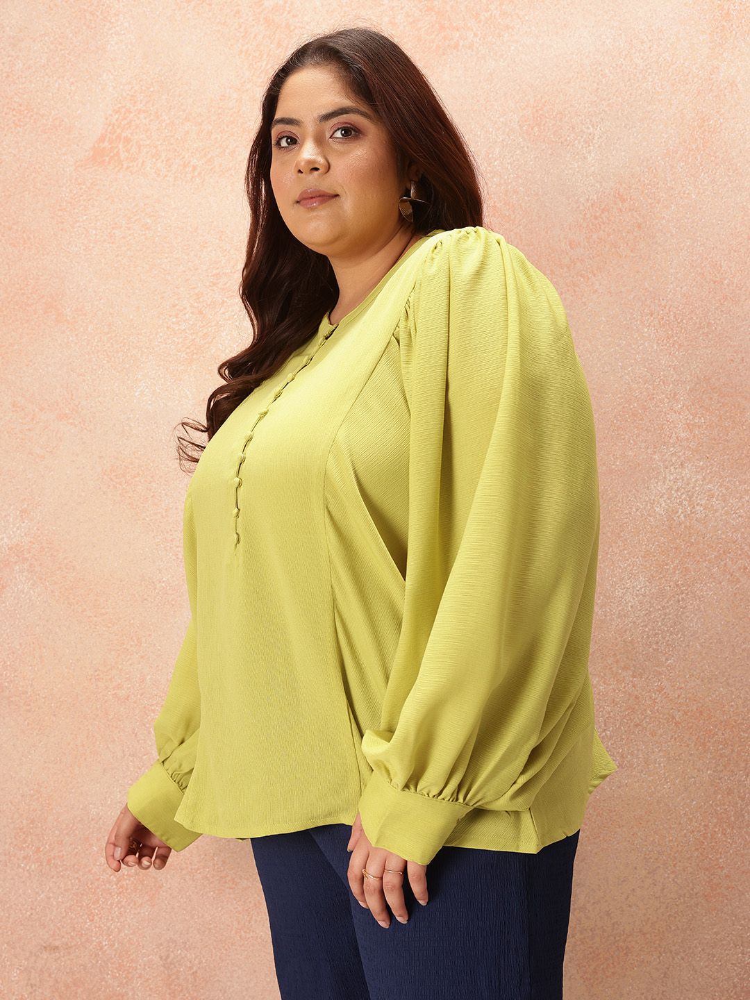 all about you Plus Size Puff Sleeve Shirt Style Longline Top