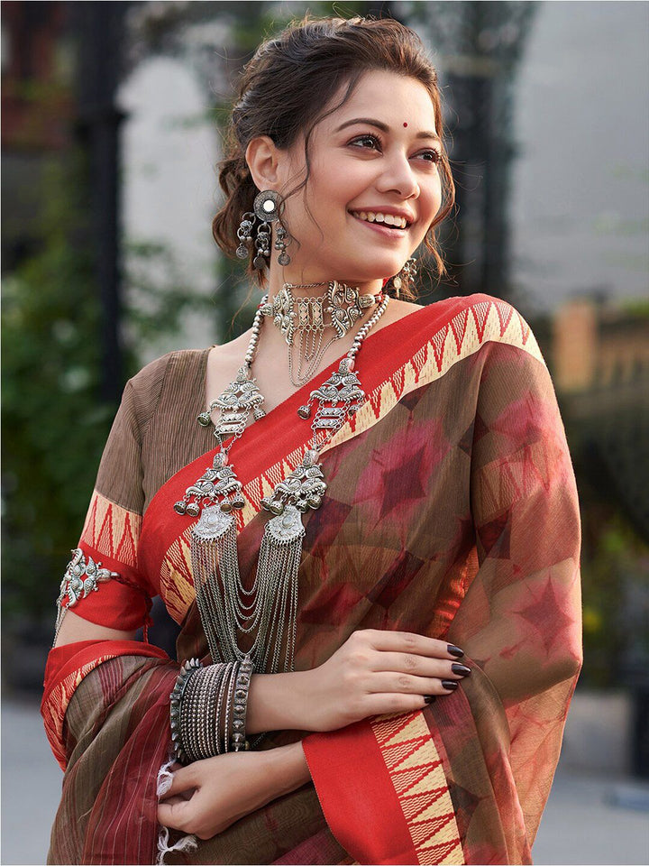 Saree mall Brown & Red Geometric Printed Sarees