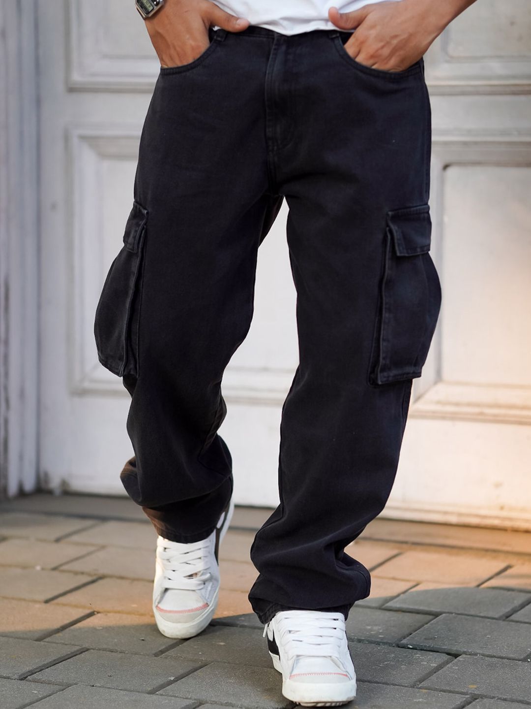 Powerlook Men Dusty Black Boyfriend Fit Clean Look Cargo Jeans