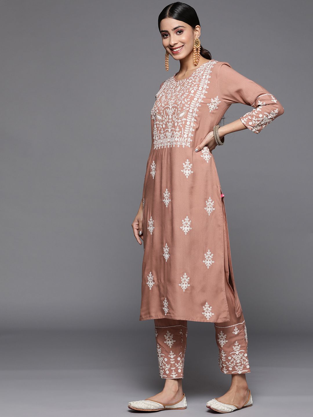 Varanga Women Beige Thread Embroidered Pure Cotton Kurta with Trouser and Dupatta