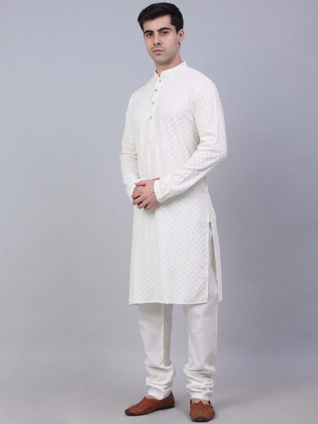 Jompers Men Floral Embroidered Sequinned Pure Cotton Kurta with Churidar