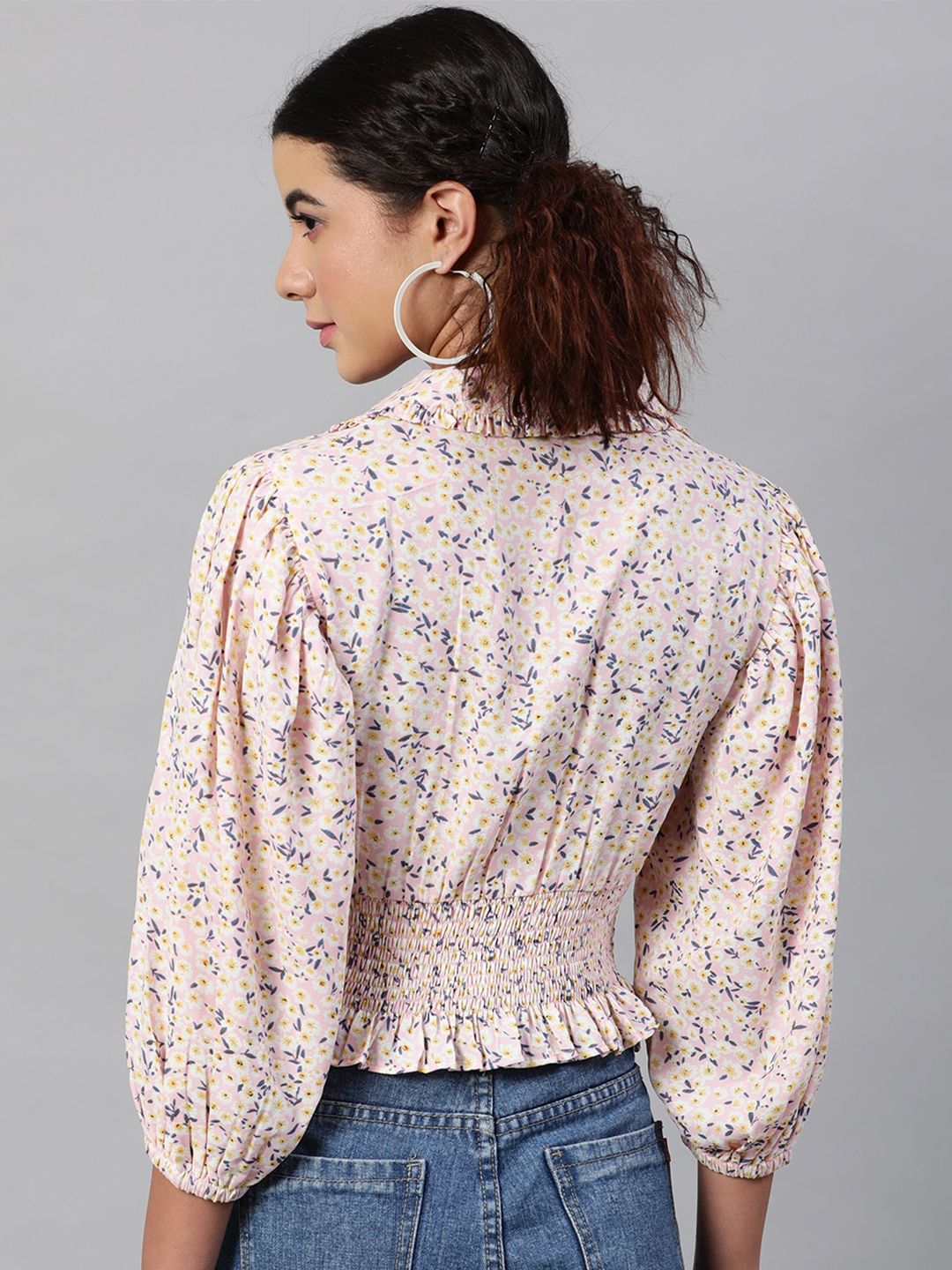 STREET 9 Women Pink Floral Tie-Up Neck Cinched Waist Crop Top