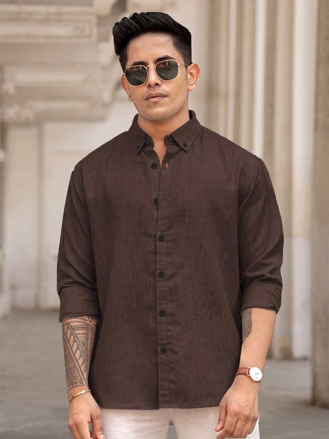 Powerlook Men Button-Down Collar Solid Cotton Casual Shirt