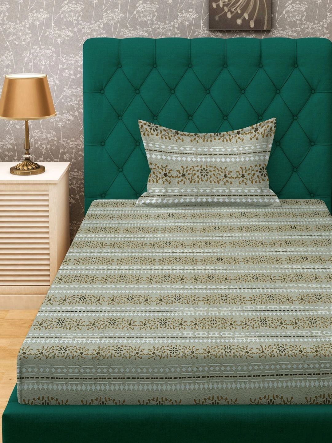 Moda Rapido X KLOTTHE Green & Brown Floral 400 TC Single Bedsheet with 1 Pillow Covers