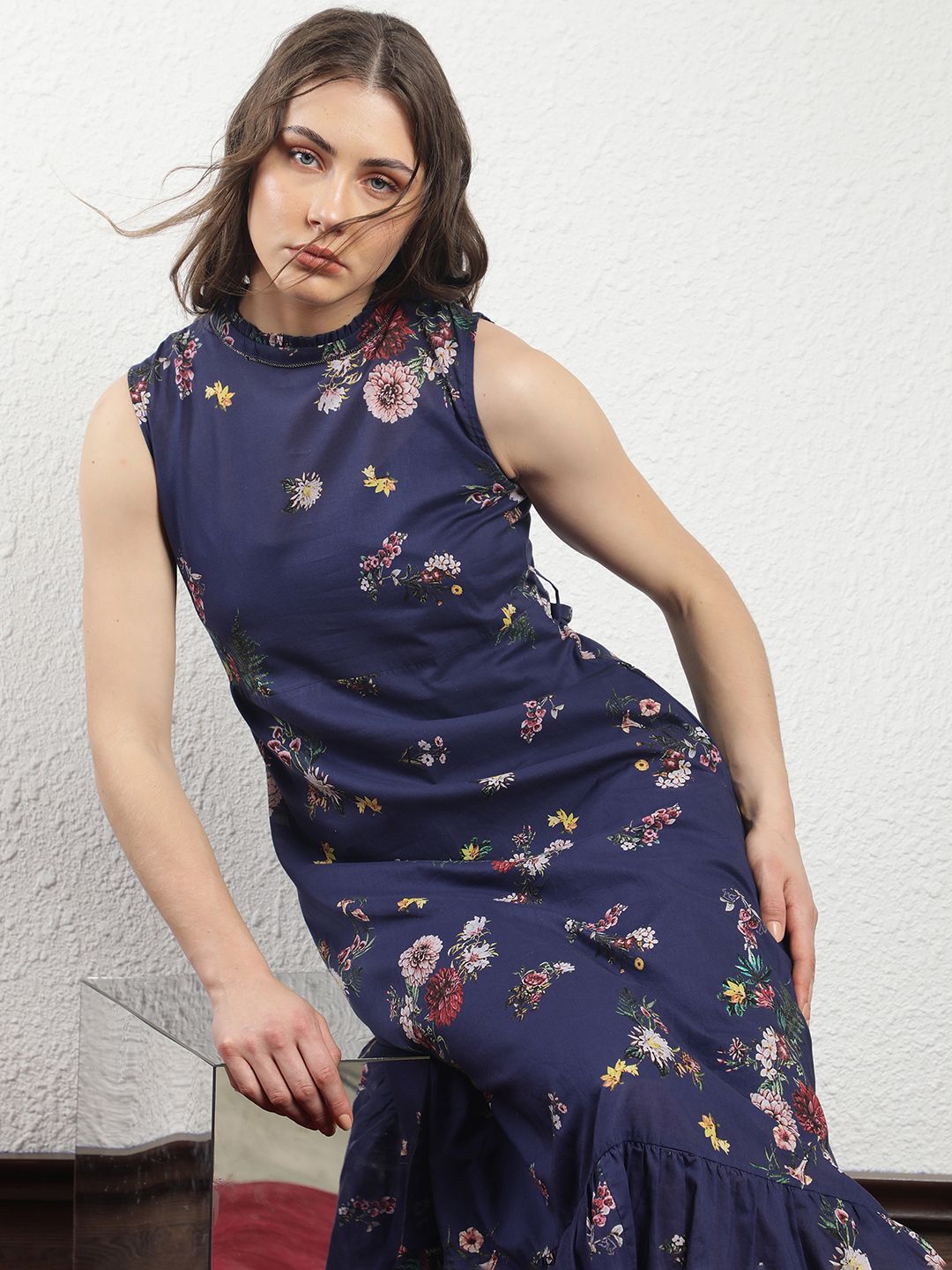 RAREISM High Neck Floral Printed A-Line Dress