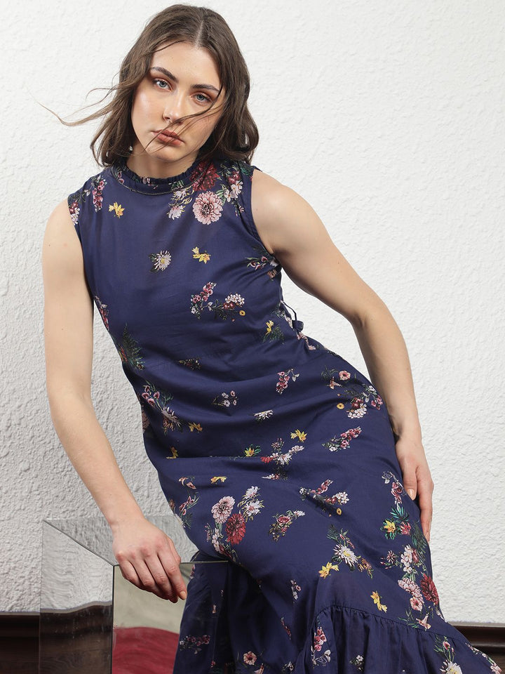 RAREISM High Neck Floral Printed A-Line Dress