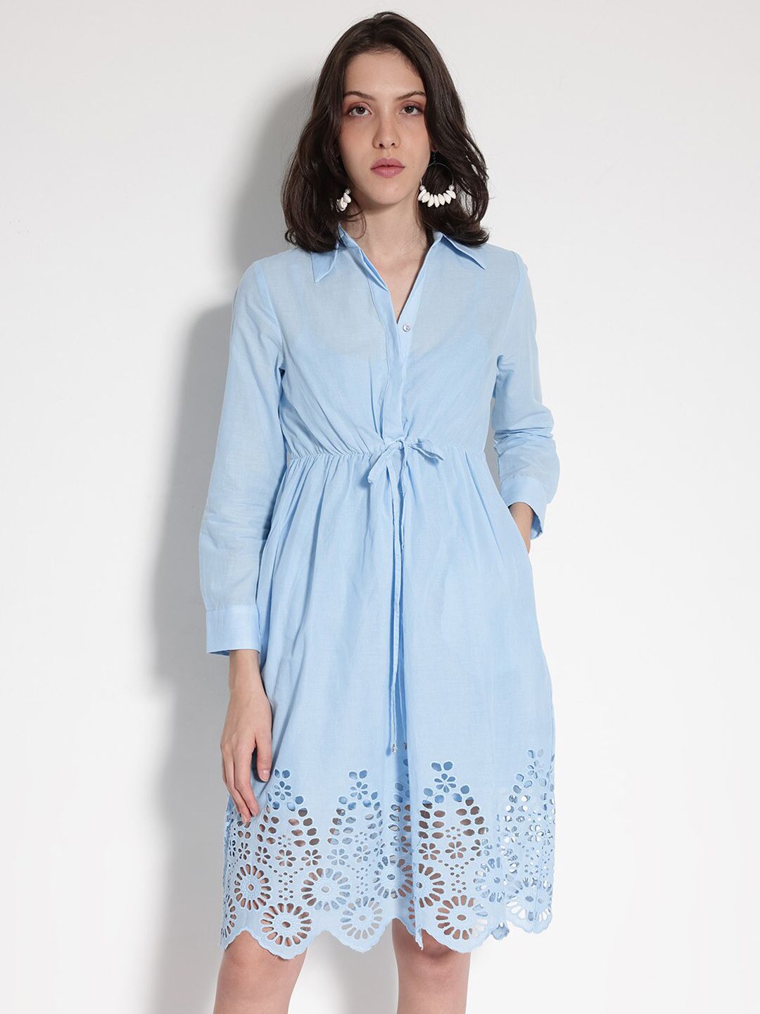 RAREISM Shirt Collar Cuffed Sleeves Cotton Fit & Flare Dress