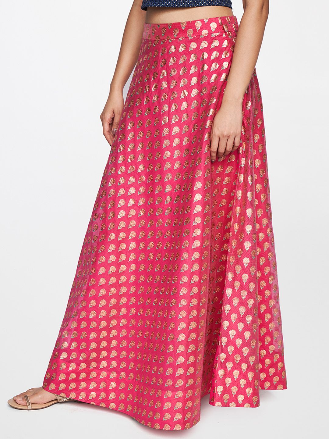 Global Desi Women Fuchsia Ethnic Motifs Woven Design Flared Maxi Skirt