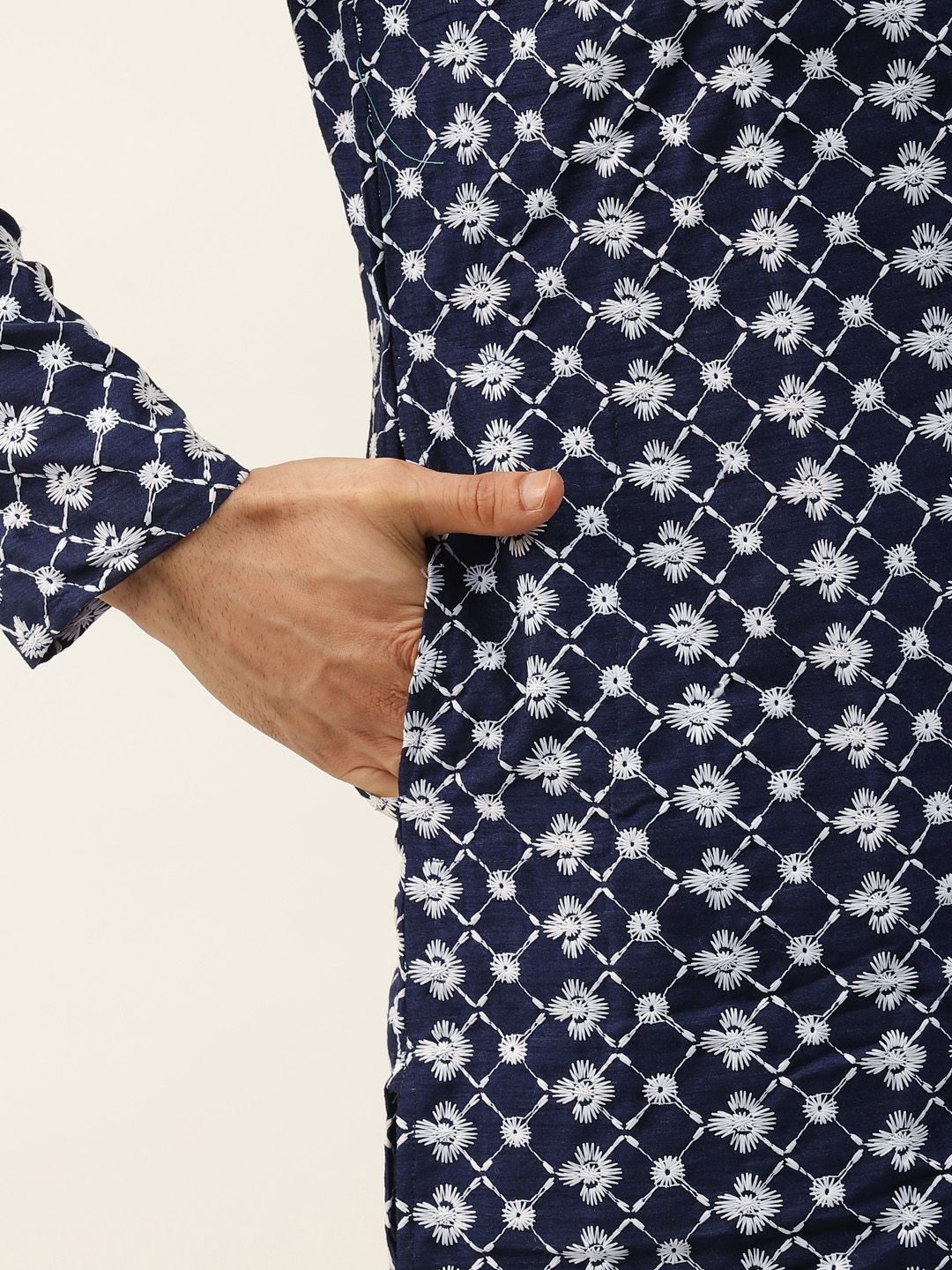 SOJANYA Men Navy Chikankari Embroidered Kurta with Churidar & Nehru Jacket