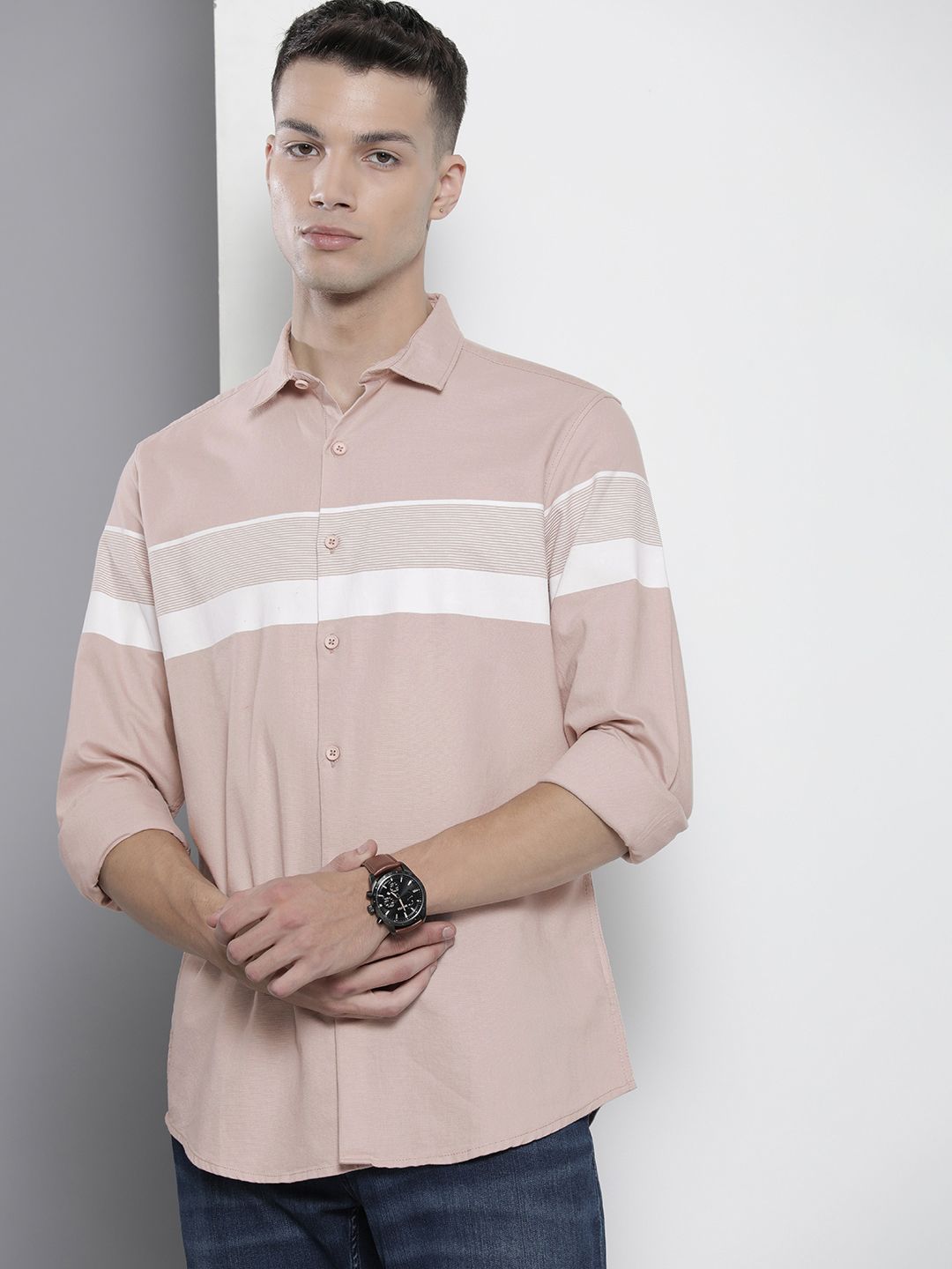 The Indian Garage Co Men Dusty Pink Horizontal Stripes Casual Cotton Shirt