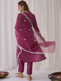 Indo Era Floral Embroidered V-Neck Thread Work Straight Kurta with Trousers & Dupatta