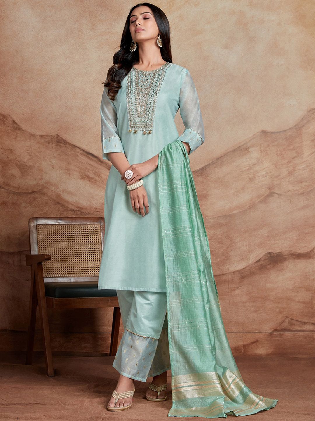 KALINI Ethnic Motifs Embroidered Sequinned Chanderi Silk Kurta with Palazzos & Dupatta