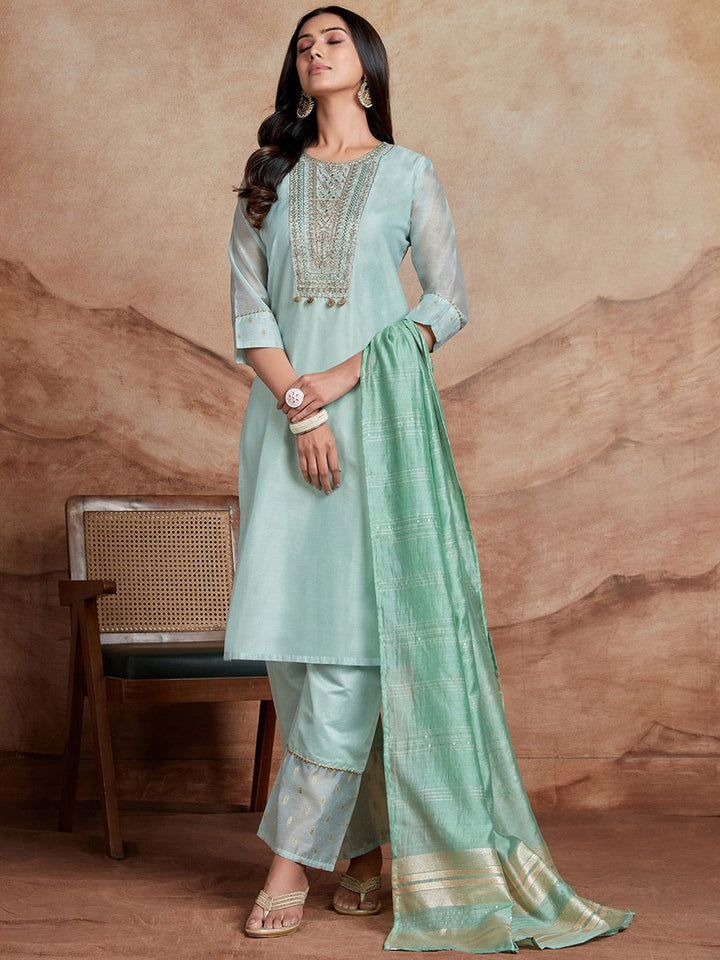 KALINI Ethnic Motifs Embroidered Sequinned Chanderi Silk Kurta with Palazzos & Dupatta