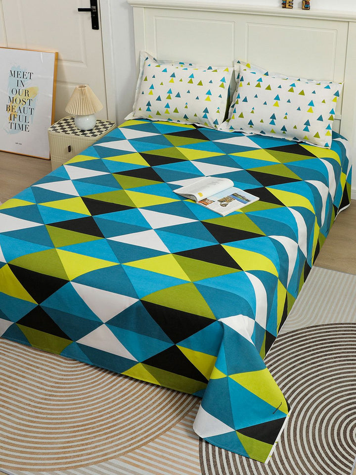 Story@home Ventura Teal Black Geometric 144 TC Cotton Queen Bedsheet 2 Pillow Covers