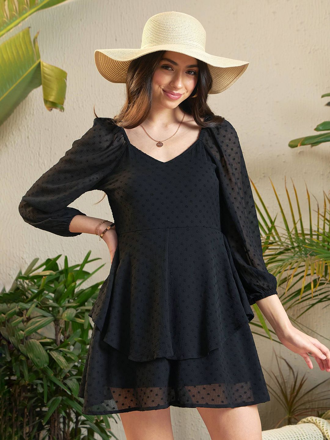 SASSAFRAS Black Self Design Layered Georgette A-Line Dress