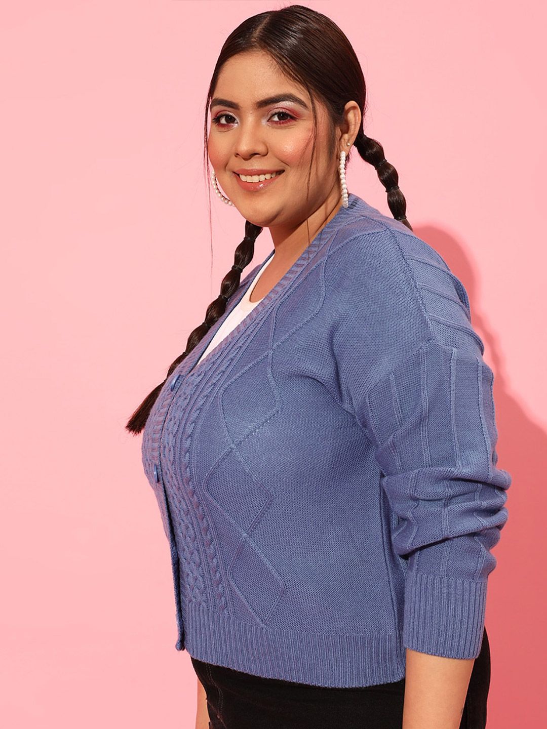 CURVY STREET Plus Size Women Blue Cable Knit Acrylic Cardigan