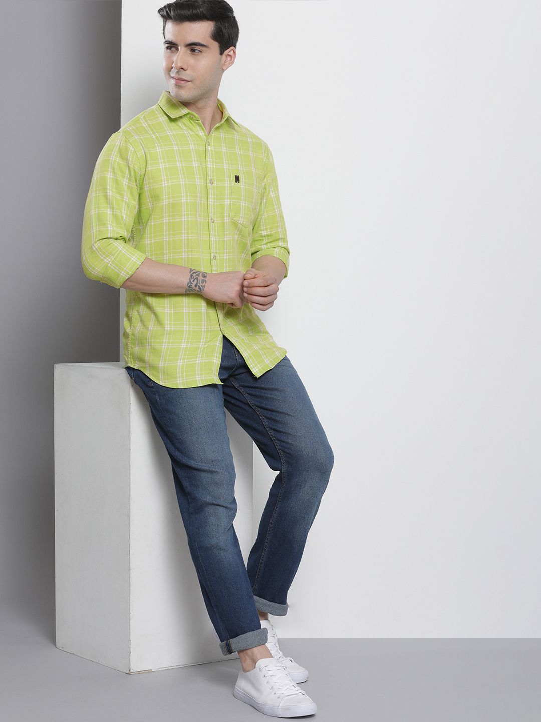 The Indian Garage Co Men Green & White Checked Pure Cotton Casual Shirt