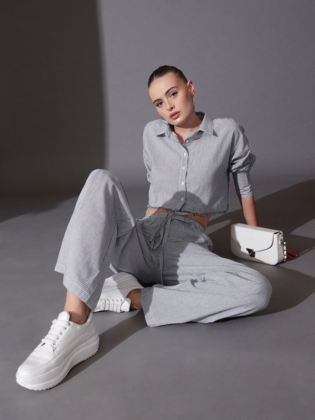 STREET 9 Striped Pure Cotton striped Shirt With Flared Palazzos Co-Ords