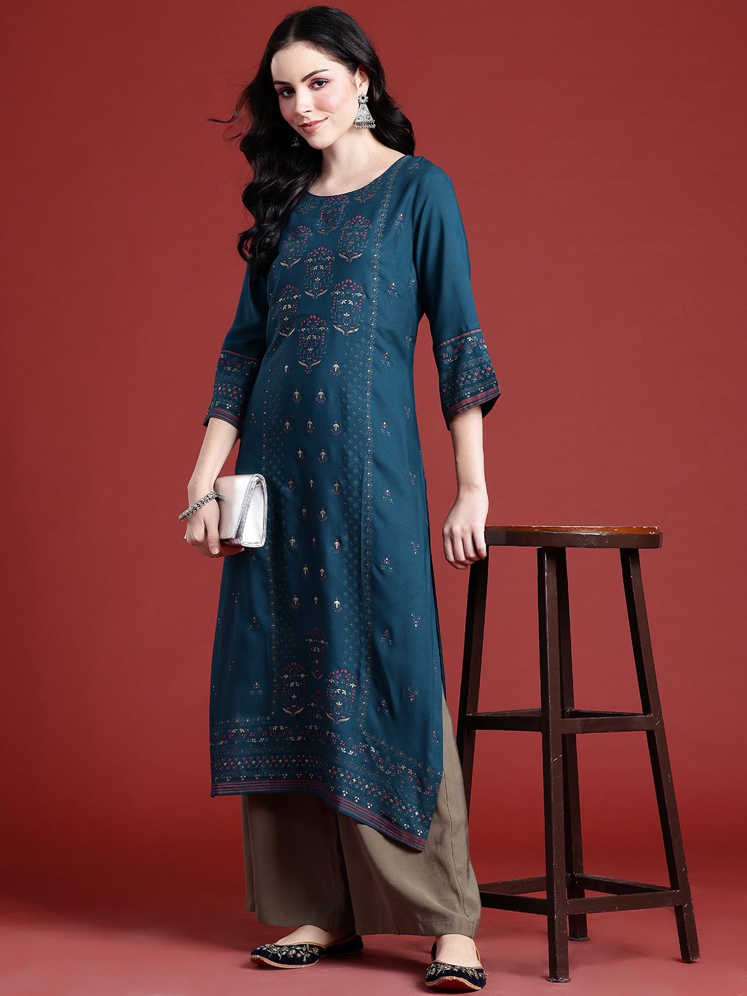 Anouk Ethnic Motifs Printed Asymmetric Hem Kurta