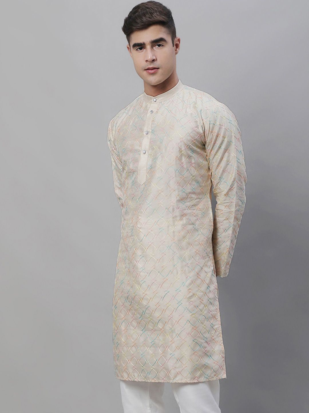SOJANYA Band Collar Sulam Cotton Silk Kurta