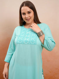 Vishudh Women Plus size Blue Ethnic Motifs Yoke Design Thread Work Straight Kurta
