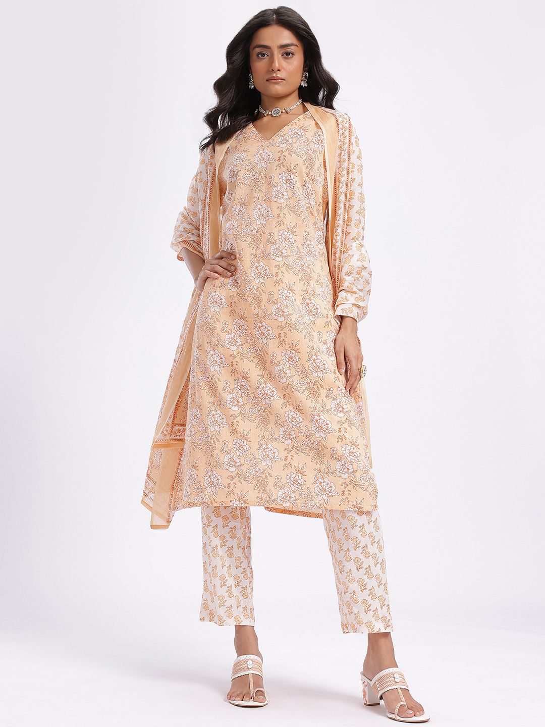 Anouk Floral Printed Cotton Kurta with Trousers & With Dupatta