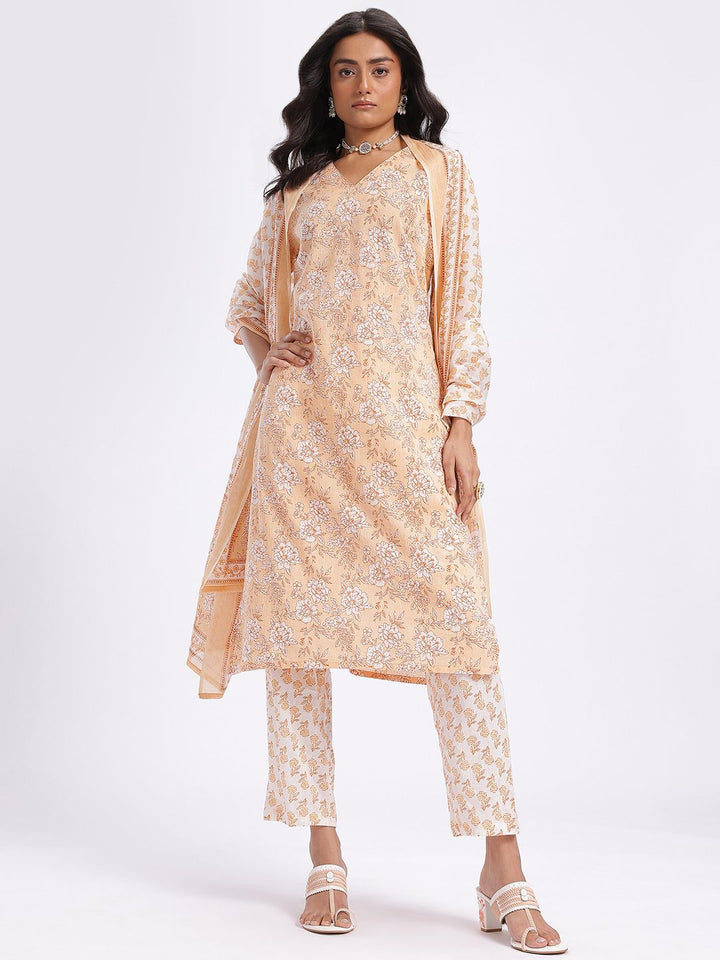 Anouk Floral Printed Cotton Kurta with Trousers & With Dupatta