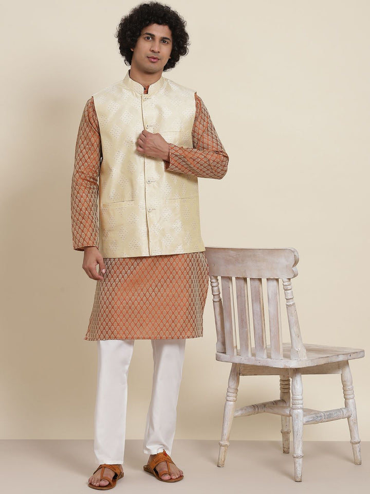 SOJANYA Men Orange Ethnic Motifs Kurta with Pyjamas & Nehru Jacket