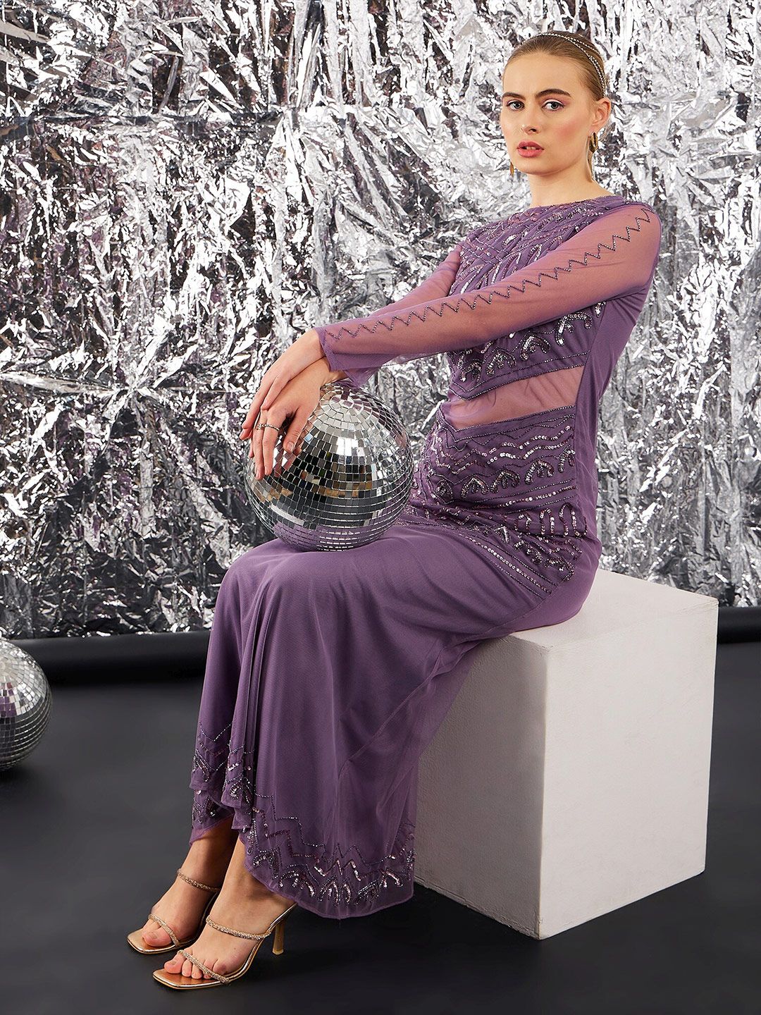 STREET 9 Lavender Print Lavender Embellished Net Sheath Dress
