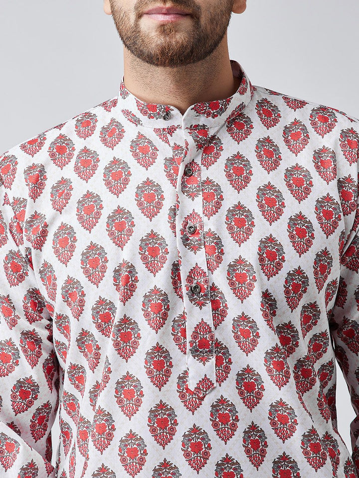 SOJANYA Men White & Red Printed Straight Kurta