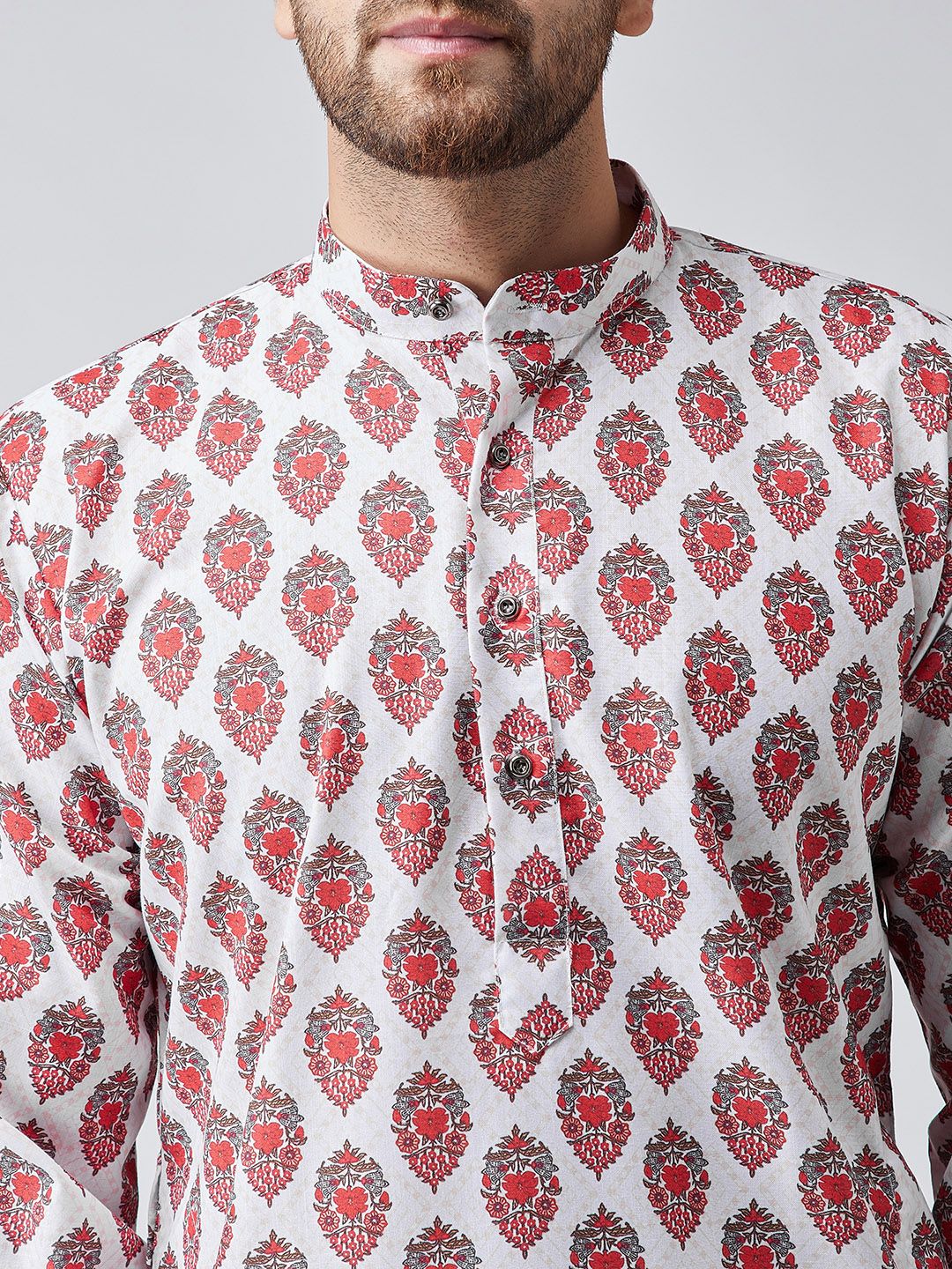 SOJANYA Men White & Red Printed Straight Kurta