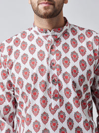 SOJANYA Men White & Red Printed Straight Kurta