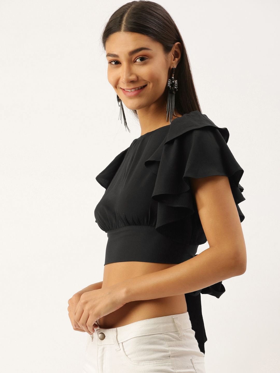 Berrylush Black Ruffles Crepe Styled Back Crop Top