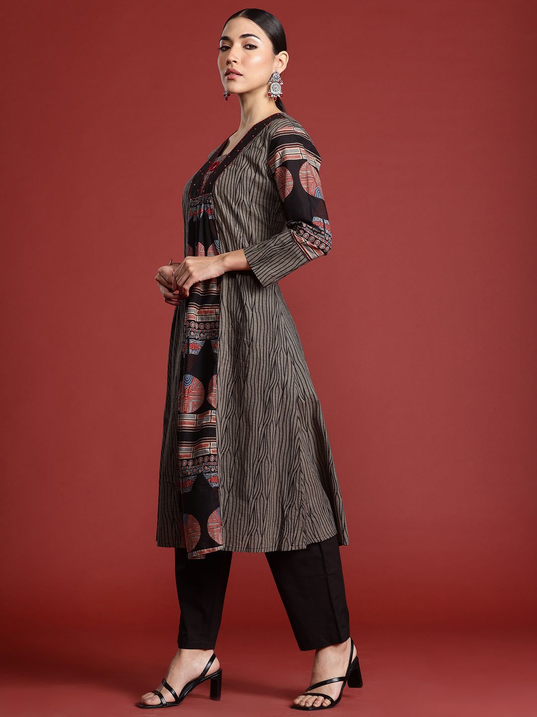 Indo Era Printed Panelled Sequinned Pure Cotton A-Line Kurta with Trousers