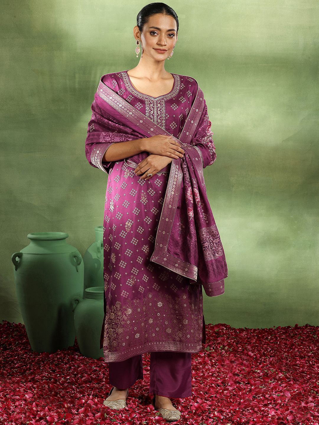 Libas Bandhani Printed Sequinned Kurta with Trousers & Dupatta