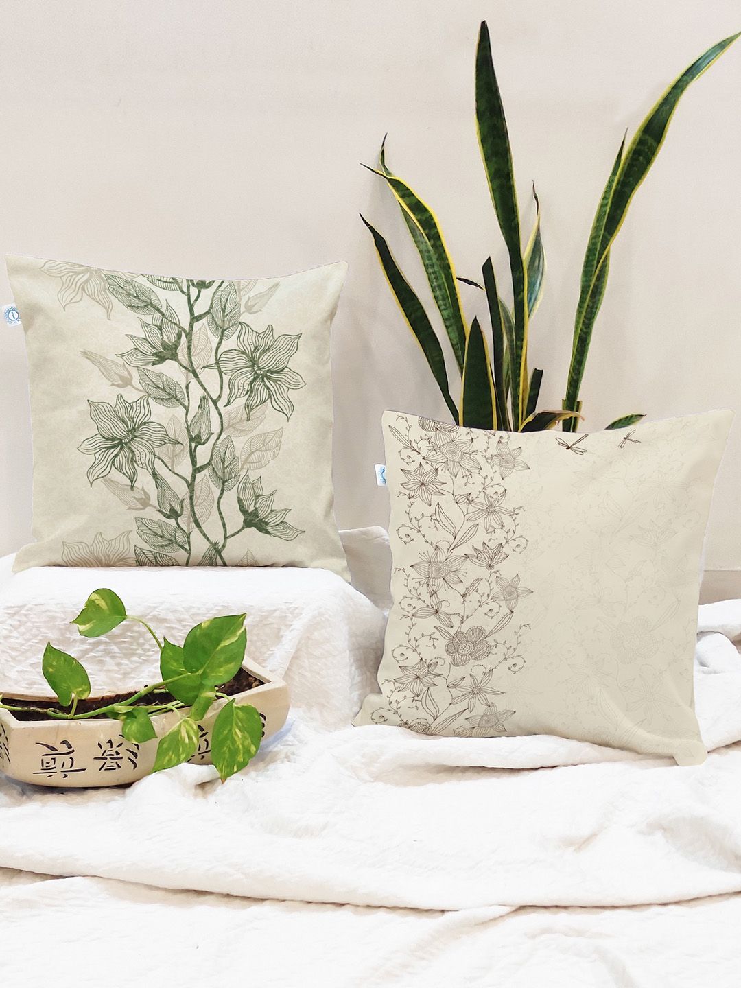 STITCHNEST Set Of 2 Cream-Coloured & Green Floral Square Cushion Covers