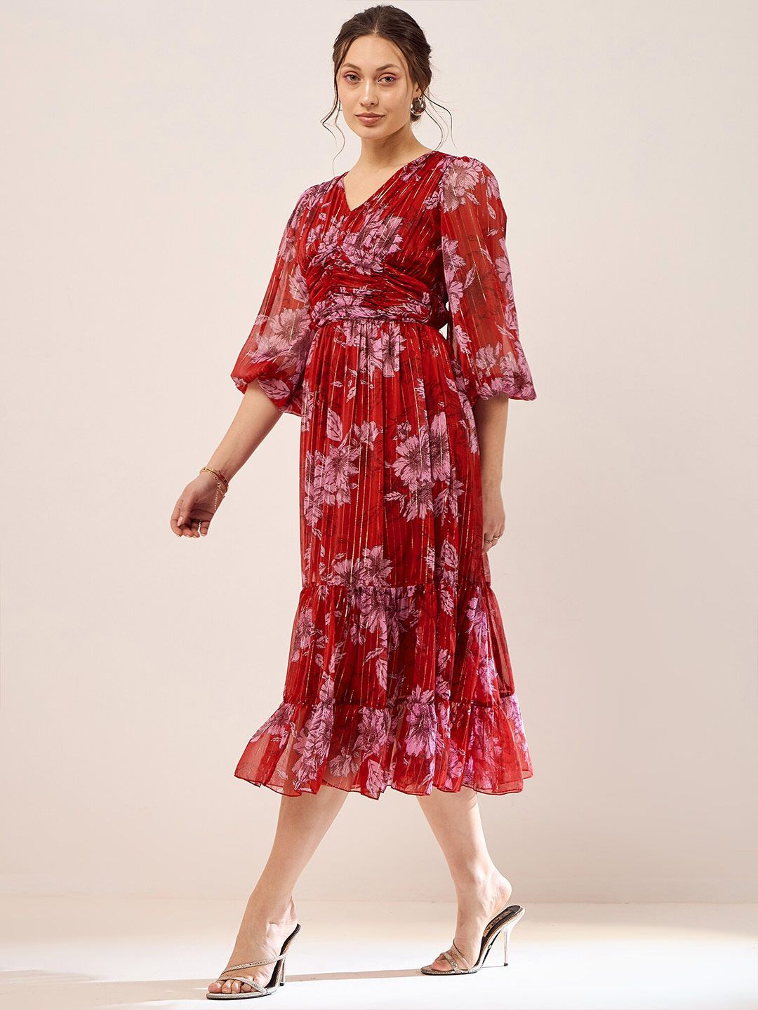 Antheaa Red Floral Printed Puff Sleeves Gathered Tiered Fit & Flare Midi Dress