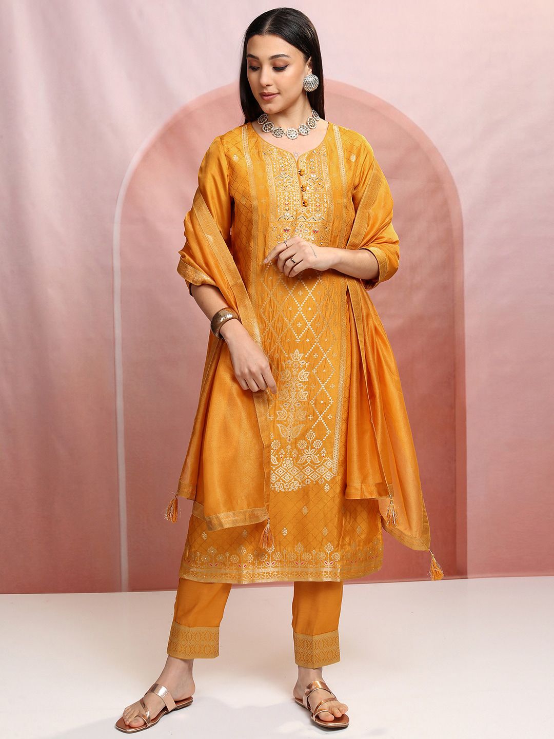 Vishudh Mustard Yellow Ethnic Motifs Embroidered Straight Kurta & Trousers With Dupatta