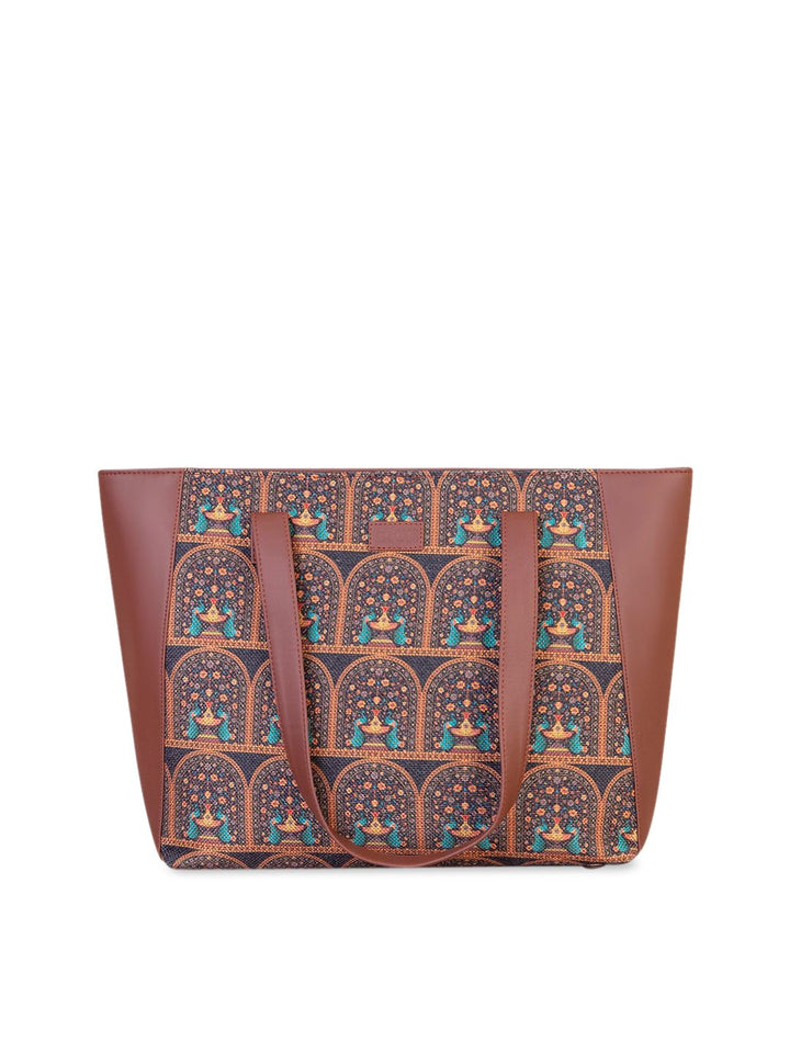 ZOUK Brown Ethnic Motifs Structured Tote Bag