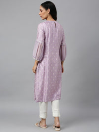 W Women Lavender Ethnic Motifs Embroidered Thread Work Kurta