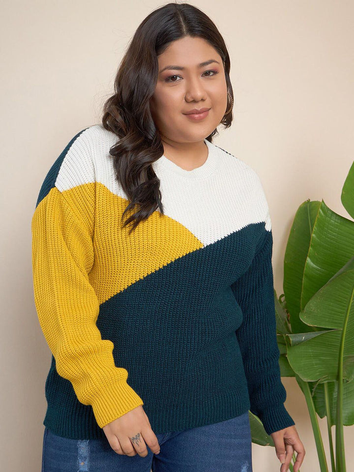 CURVY STREET Plus Size Colourblocked Pure Acrylic Pullover