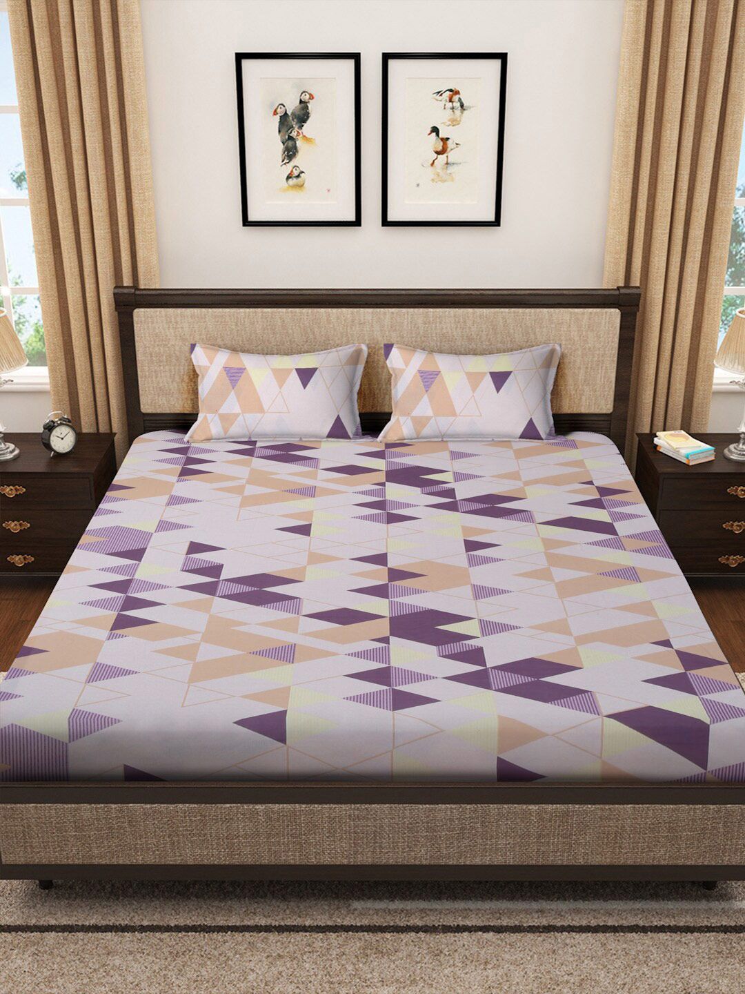 KLOTTHE Green Geometric Printed Dilengkapi 400 TC Kapas Cadar King & 2 Sarung Bantal