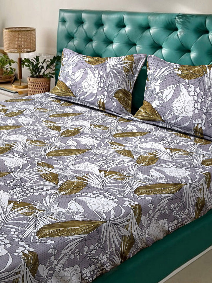 Myntra Elegant Homes Purple Leaf 300 TC Fitted Super King Bedsheet with 2 Pillow Covers