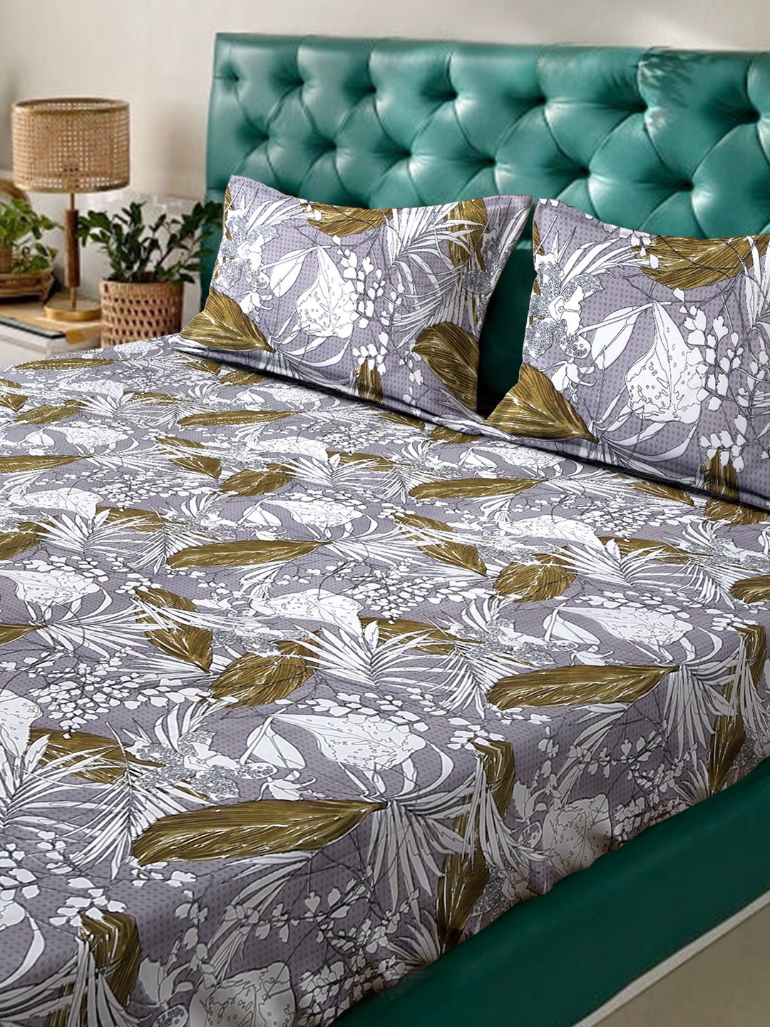 Myntra Elegant Homes Purple Leaf 300 TC Fitted Super King Bedsheet with 2 Pillow Covers