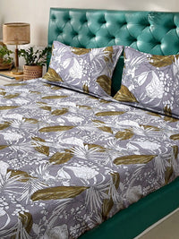 Myntra Elegant Homes Purple Leaf 300 TC Fitted Super King Bedsheet with 2 Pillow Covers