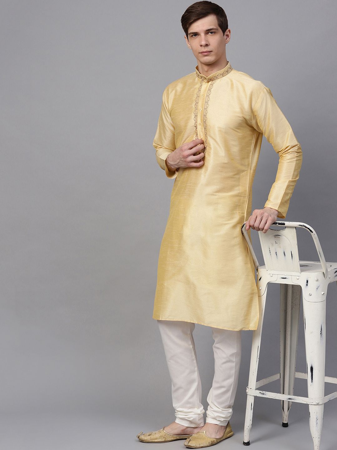 SOJANYA Men Gold-Coloured Yoke Design Straight Kurta